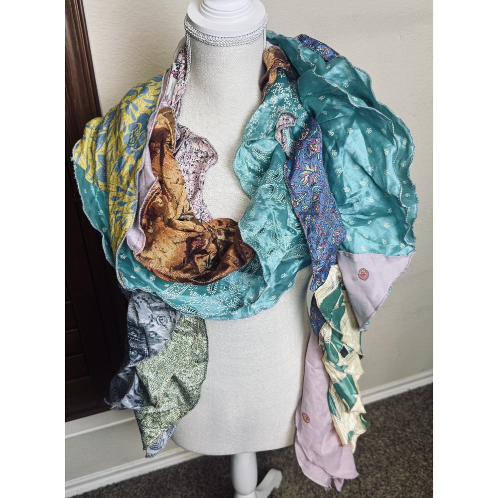 Sari Ribbon Silk Scarf‎ recycled scrap patchwork colorful India 90" long